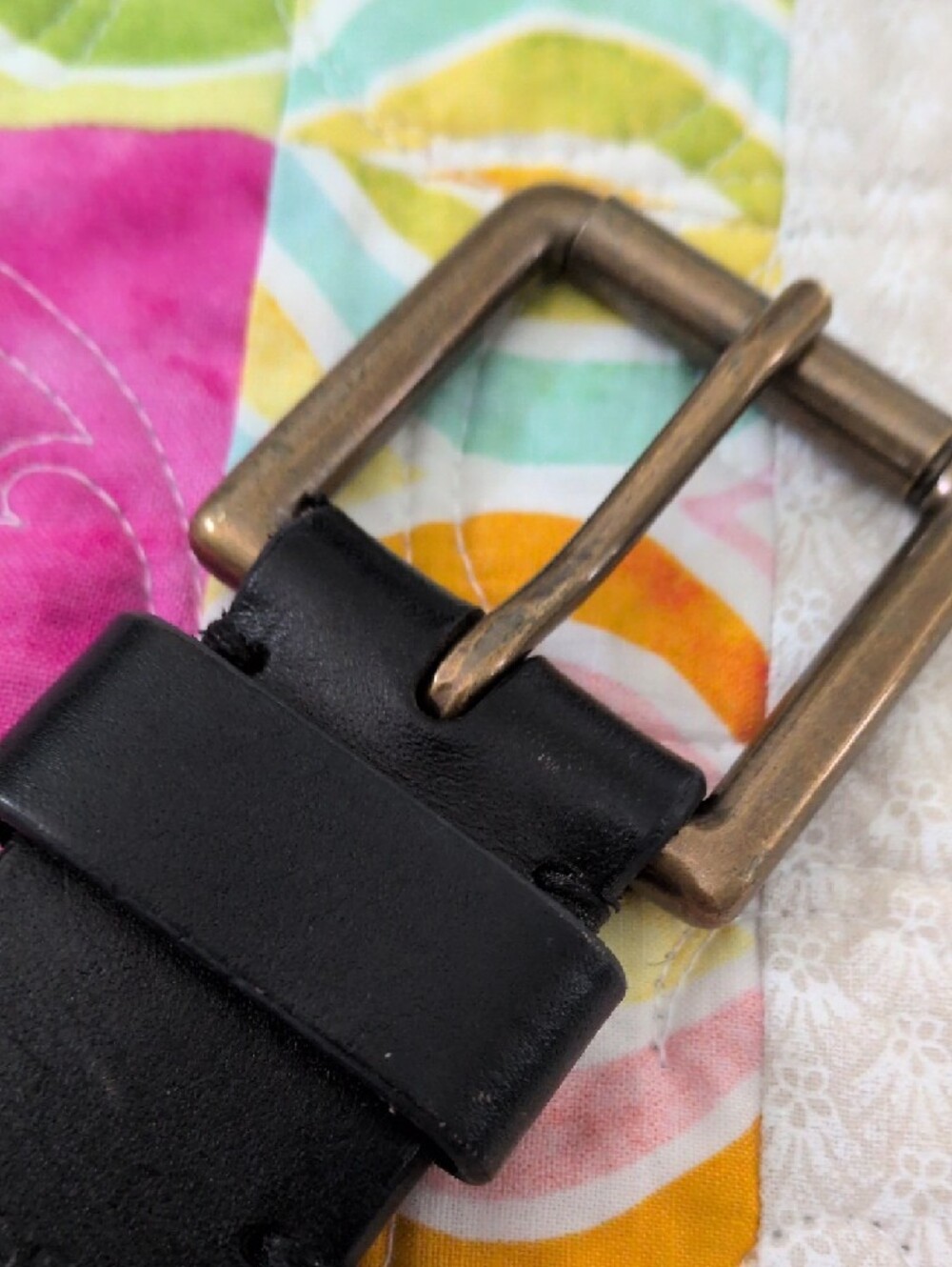 Black Perforated Leather Belt Antique Brass Buckle Minimalist Boho - Picture 4 of 6